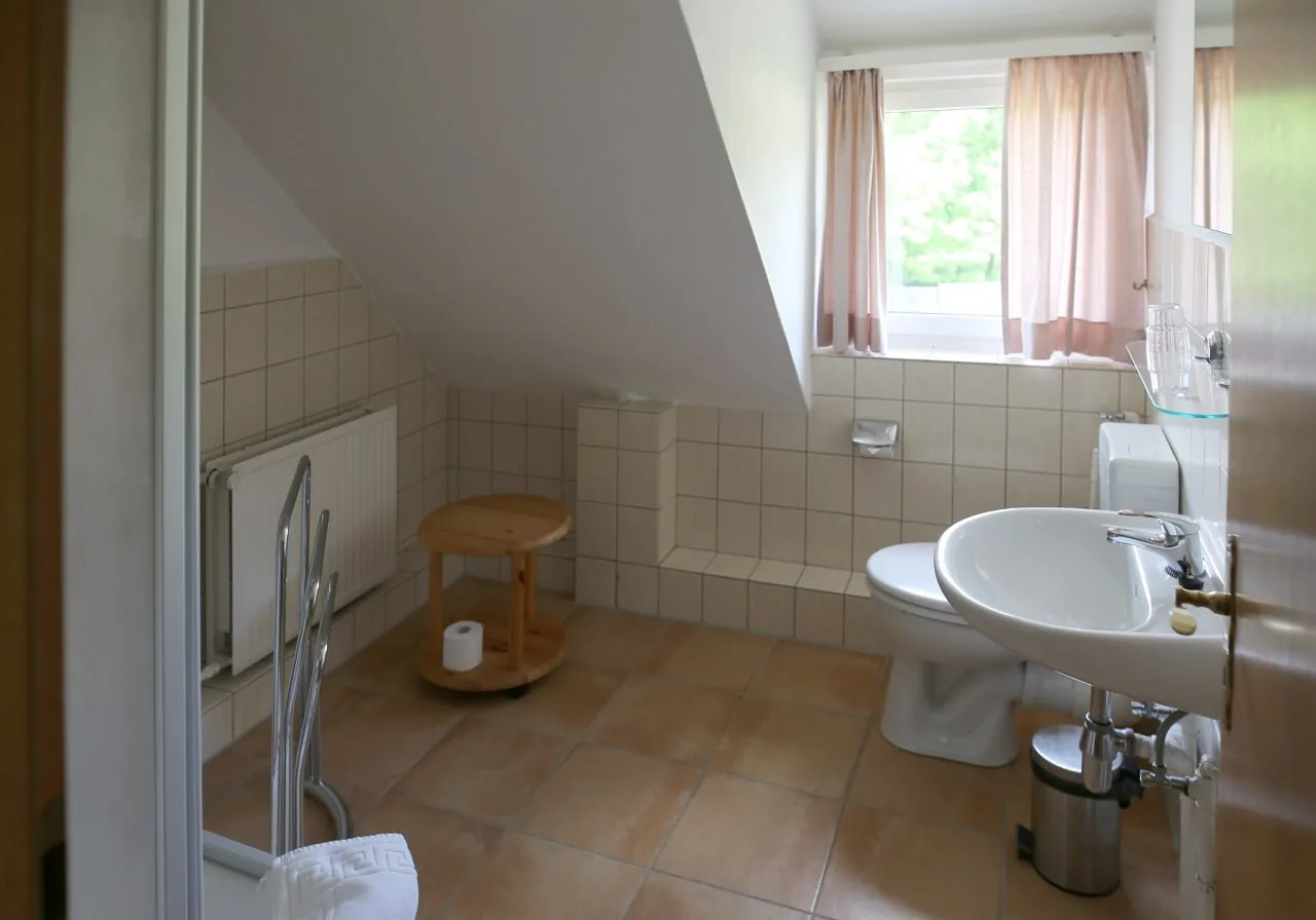 Helles Badezimmer unter dem Dach mit Waschbecken und WC